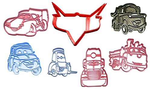 YNGLLC CARS LIGHTNING MCQUEEN TOW MATER MACK GUIDO DOC ANIMATED CARTOON SET OF 7 COOKIE CUTTERS 3D PRINTED MADE IN USA PR1552 Multicolor