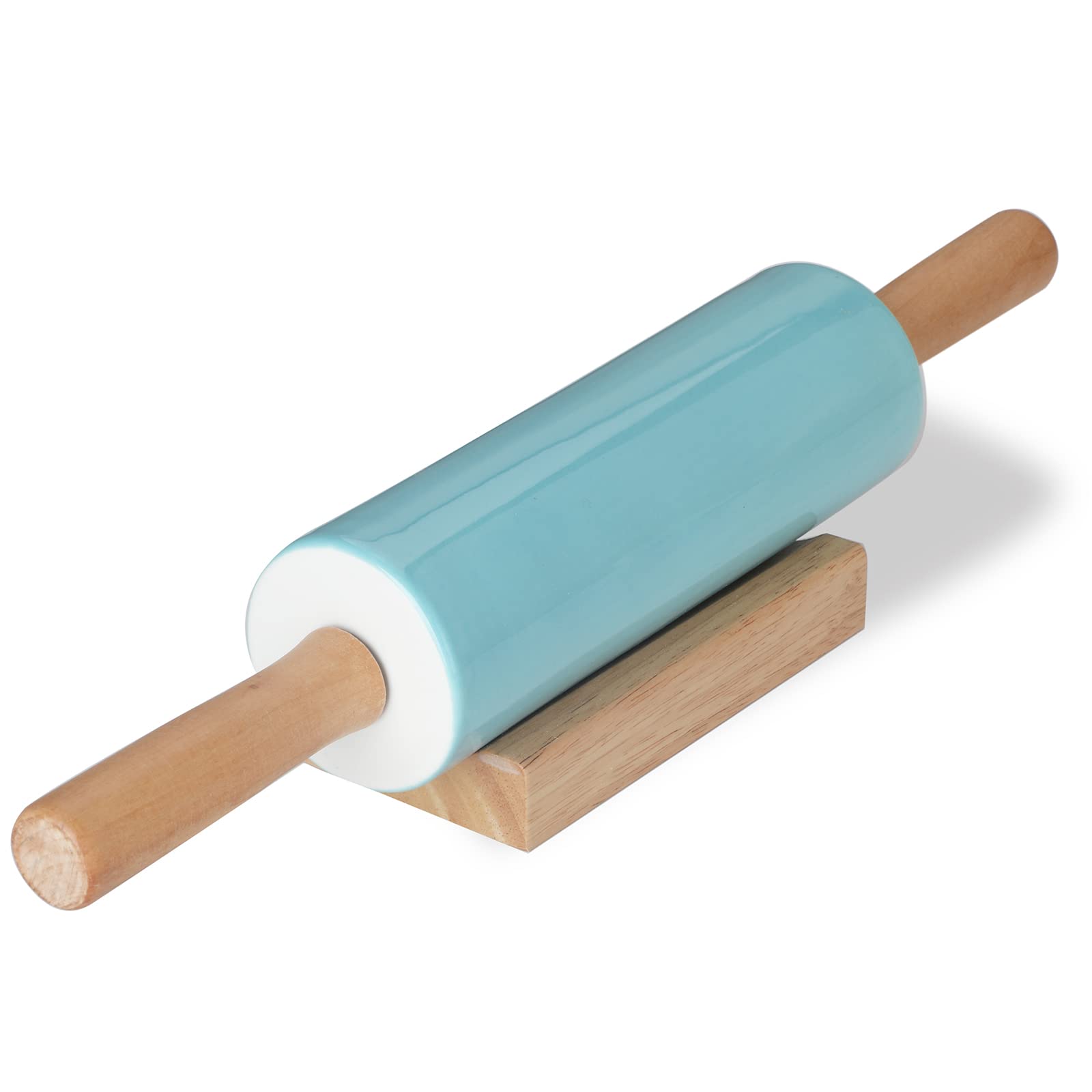 Ceramic Rolling Pin,16 inch with Wooden Handle and Stand, Rolling Pin for Baking Pastry, Pizza, Dough, Cookie, Pie Crust, Pasta, Bakery, Non-Stick Surface, Easy to Clean (Turquoise)