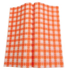 suiwen 150pcs orange and white checkered wax paper sheet for food, food picnic paper, greaseproof paper, waterproof dry hamburger paper liners wrapping tissue for plastic food basket (8.5 x 9.8 in)