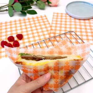 Suiwen 150pcs Orange and White Checkered Wax Paper Sheet for Food, Food Picnic Paper, Greaseproof Paper, Waterproof Dry Hamburger Paper Liners Wrapping Tissue for Plastic Food Basket (8.5 x 9.8 in)