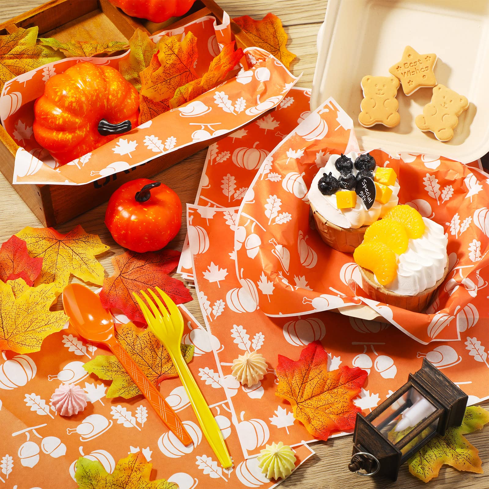 150 Pieces Autumn Wax Paper Sheets Food Wrap Paper Grease Resistant Paper Liners Thanksgiving Theme Waterproof Wrapping Tissue Food Picnic Paper for Home Kitchen(Pumpkin)