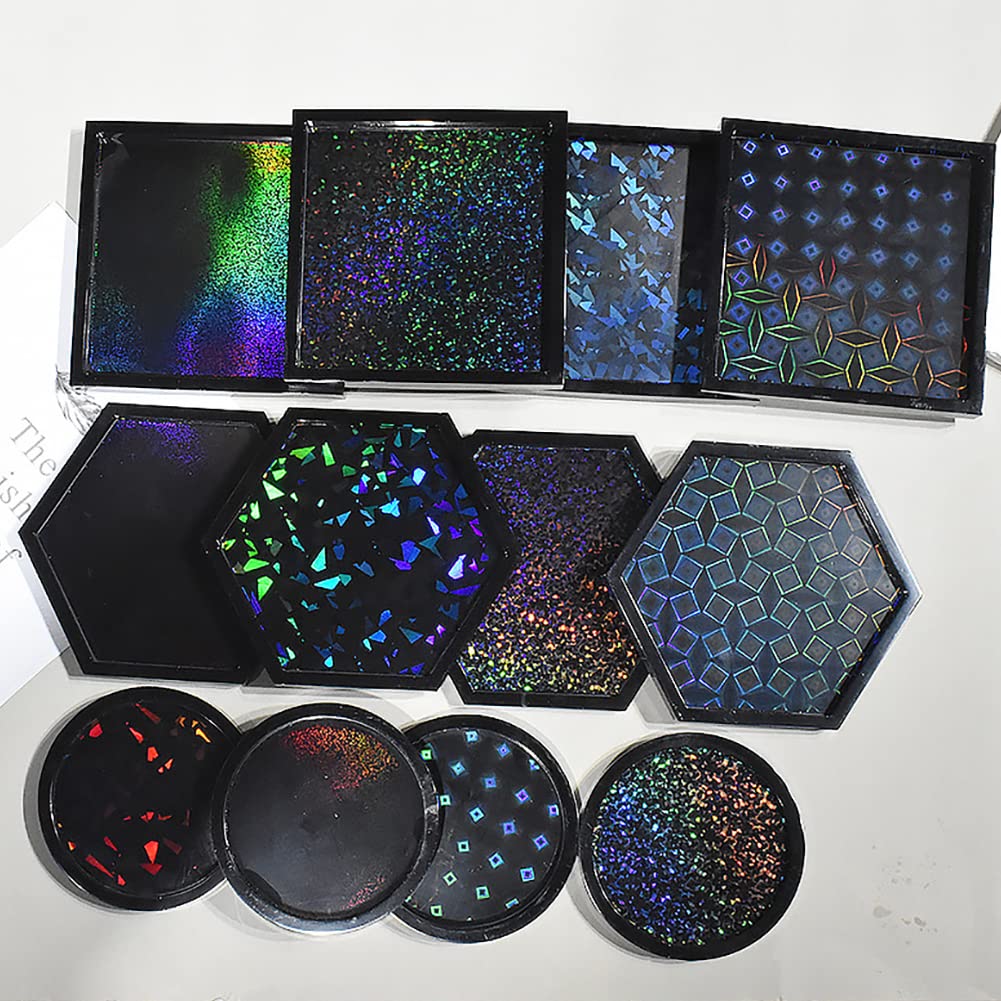 4Pcs Holographic Resin Silicone Mold Set for Coasters,DIY Rainbow Light Cups Mat Epoxy Casting Mold for Home Table Decoration (Square)