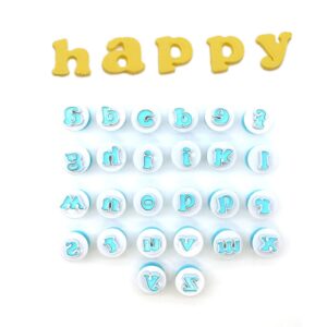 Small Letter Stamp Cookie Cutters Set of 26 pcs, Mini Lowercase Alphabet Spring Stamping Cutters Food Grade Plastic Direct Embossing Fondant Stamper Set for Cake Pastry Baking DIY (White & Blue)