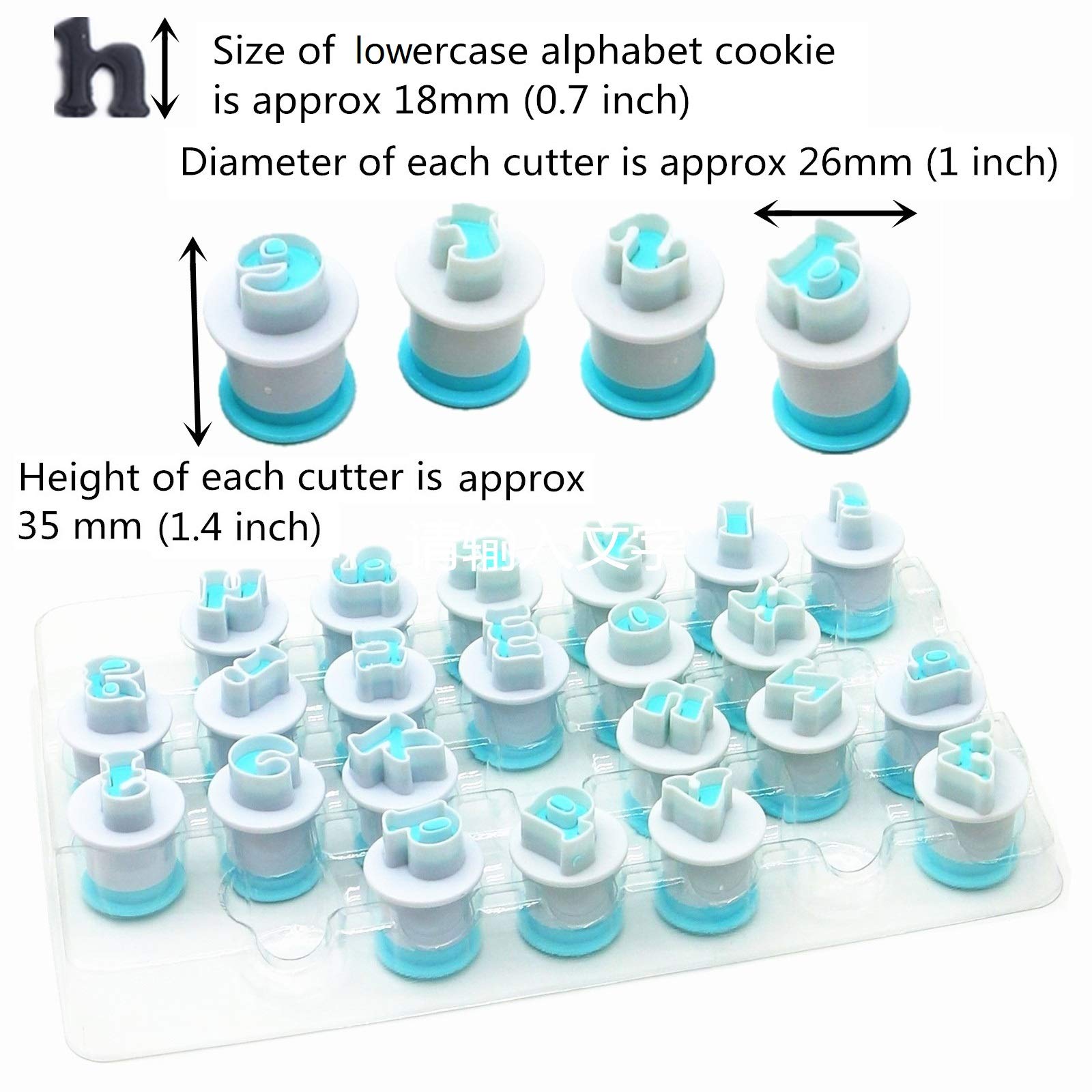 Small Letter Stamp Cookie Cutters Set of 26 pcs, Mini Lowercase Alphabet Spring Stamping Cutters Food Grade Plastic Direct Embossing Fondant Stamper Set for Cake Pastry Baking DIY (White & Blue)