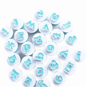 Small Letter Stamp Cookie Cutters Set of 26 pcs, Mini Lowercase Alphabet Spring Stamping Cutters Food Grade Plastic Direct Embossing Fondant Stamper Set for Cake Pastry Baking DIY (White & Blue)