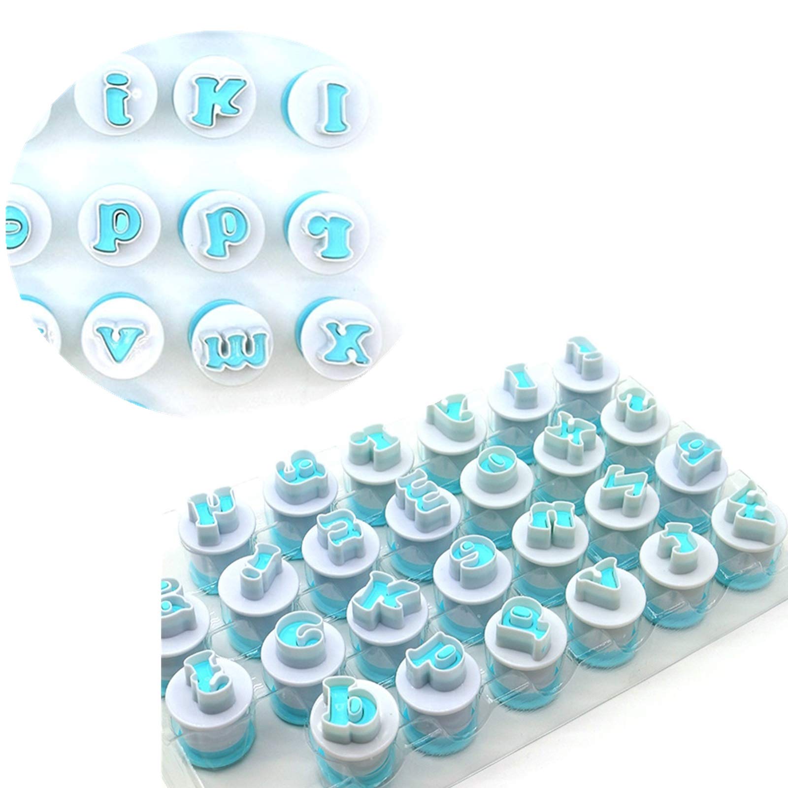 Small Letter Stamp Cookie Cutters Set of 26 pcs, Mini Lowercase Alphabet Spring Stamping Cutters Food Grade Plastic Direct Embossing Fondant Stamper Set for Cake Pastry Baking DIY (White & Blue)