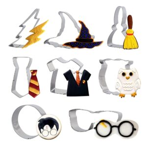 fangleland witch and wizard cookie cutter set stainless steel owl witch's hat broom scarf lightning biscuit fondant molds for baby shower all saints' day witches party