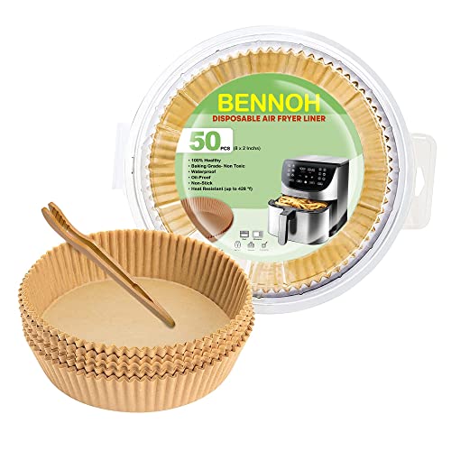 Air Fryer Disposable Liners: 50 pack, 7.9 Inches Disposable air fryer liners with Bamboo Tong. Round paper liners for air fryer basket, large size.