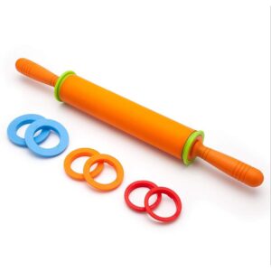 adjustable rolling pin, dough roller, silicone rolling pins with 4 thickness rings for baking dough, pizza, pie, pastries, pasta, cookies(orange)