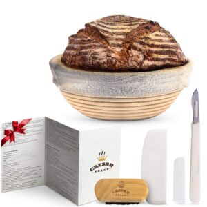 banneton bread proofing basket by caesar bread, 9 inch round sourdough brotform for rising dough set, include cloth liner, scraper, bread lame, brush & recipe book for beginners & professional bakers