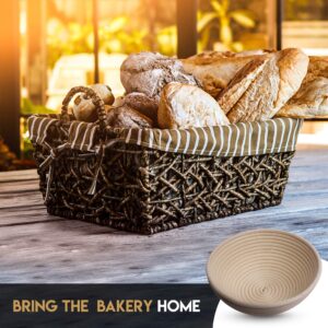 Banneton Bread Proofing Basket By Caesar Bread, 9 Inch Round Sourdough Brotform For Rising Dough Set, Include Cloth Liner, Scraper, Bread Lame, Brush & Recipe Book For Beginners & Professional Bakers