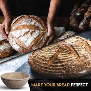 Banneton Bread Proofing Basket By Caesar Bread, 9 Inch Round Sourdough Brotform For Rising Dough Set, Include Cloth Liner, Scraper, Bread Lame, Brush & Recipe Book For Beginners & Professional Bakers