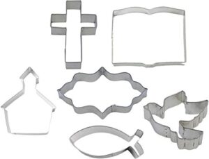 christian bible study cookie cutter 6 piece set from the cookie cutter shop - cross, dove, church, plaque, bible, christian fish cookie cutters – tin plated steel cookie cutters
