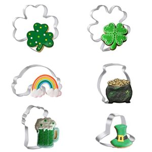 st. patrick's day shamrock cookie cutters, 6 pcs cookie cutters set shamrock, four leaf clover, beer mug, rainbow, top hat and pot of biscuit cutters for st. patrick's day irish party