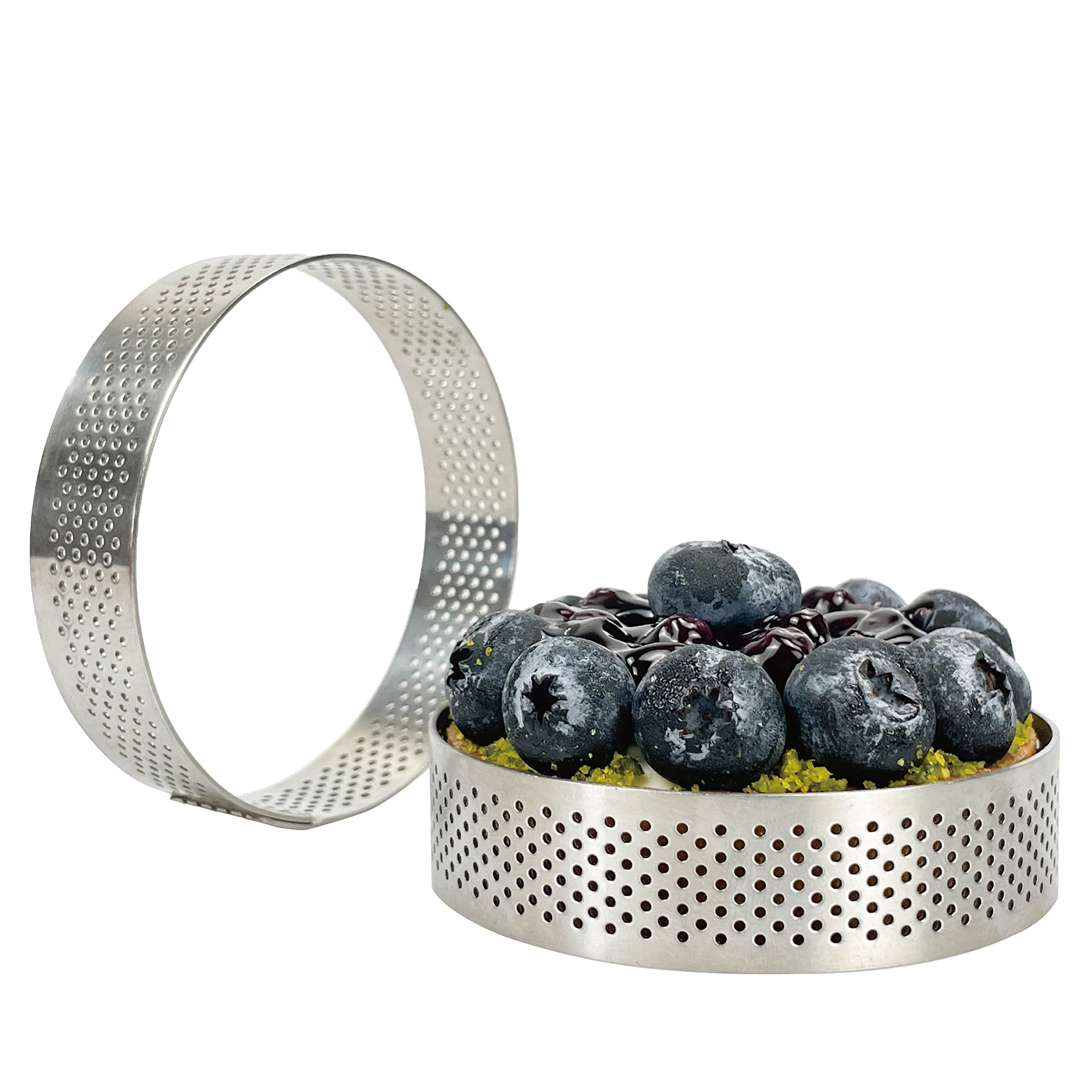 Uyauld 4 Pieces Perforated Tart Ring, 8cm High Grade Stainless Steel Heat-Resistant Cake Dessert Ring, 3.15 inch Pastry Mold Round