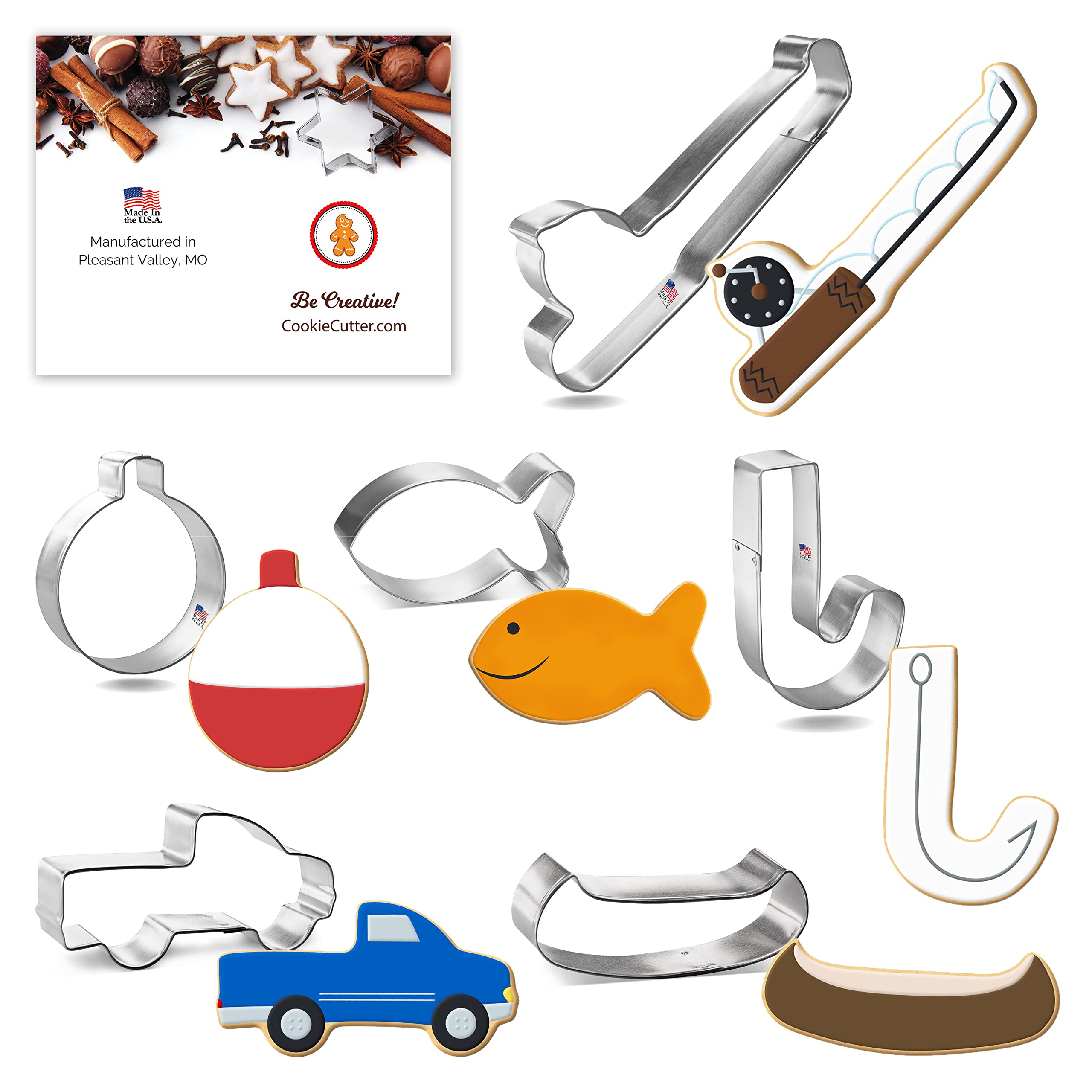 Fishing Cookie Cutter Set 6 Pc - Foose Cookie Cutters - USA Tin Plated Steel - Fishing Pole 6 in, Ornament Bobber 3 in, Canoe 4 in, Pick Up Truck 4 in, Fishing Hook 3.5 in, Small Cute Fish 3.25 in