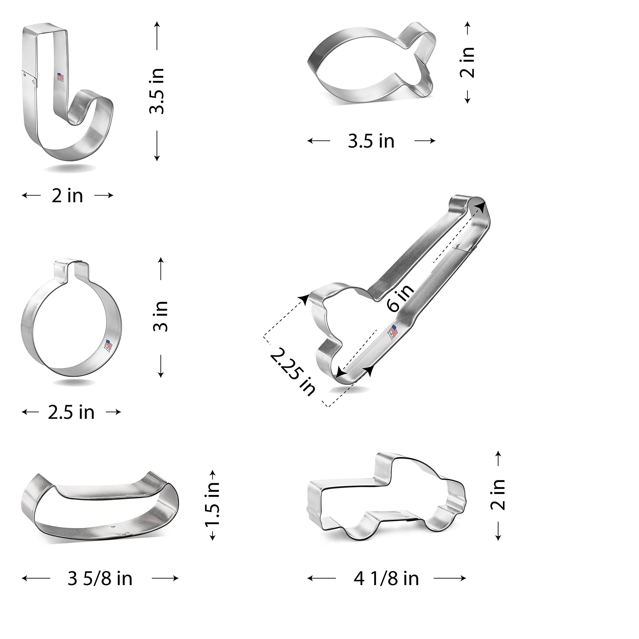 Fishing Cookie Cutter Set 6 Pc - Foose Cookie Cutters - USA Tin Plated Steel - Fishing Pole 6 in, Ornament Bobber 3 in, Canoe 4 in, Pick Up Truck 4 in, Fishing Hook 3.5 in, Small Cute Fish 3.25 in