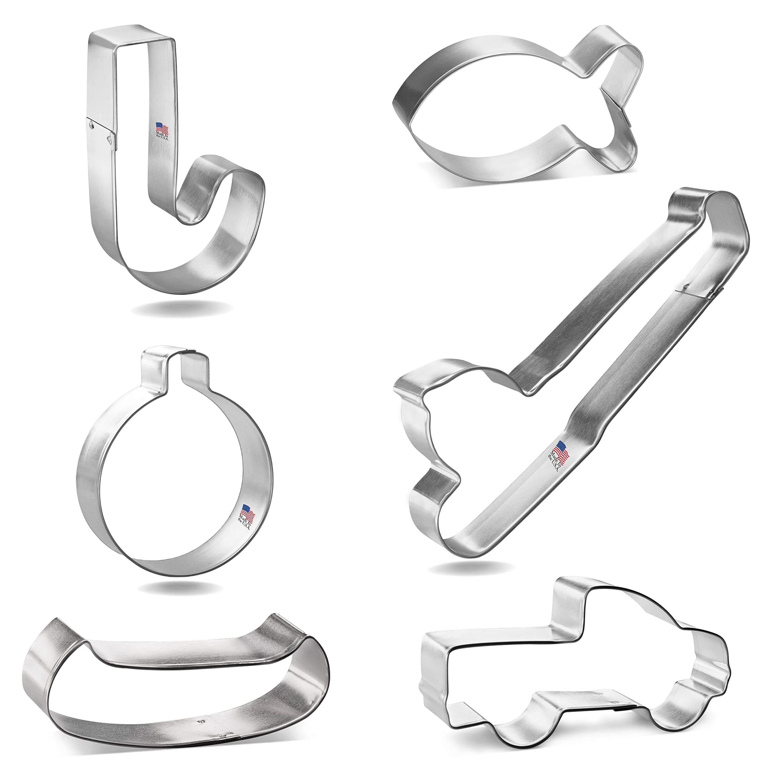 Fishing Cookie Cutter Set 6 Pc - Foose Cookie Cutters - USA Tin Plated Steel - Fishing Pole 6 in, Ornament Bobber 3 in, Canoe 4 in, Pick Up Truck 4 in, Fishing Hook 3.5 in, Small Cute Fish 3.25 in