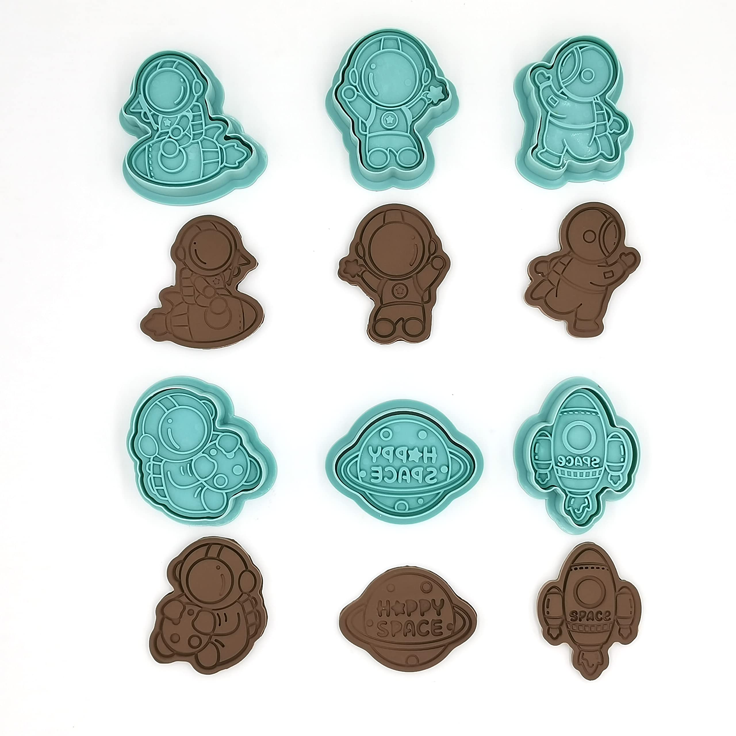 Gobaker 3D Space Rocket Cookie Cutters,Astronaut Rocket Moon Star Planet Outer Space Fondant Stamper Set, Biscuit Cake Baking Mold for Party Supplies,6pcs