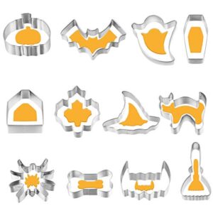 bestonzon 12pcs halloween cookie cutter set, stainless steel cake biscuit diy molds cutters ghost pumpkin cookies cutters for kitchen baking halloween party decorations