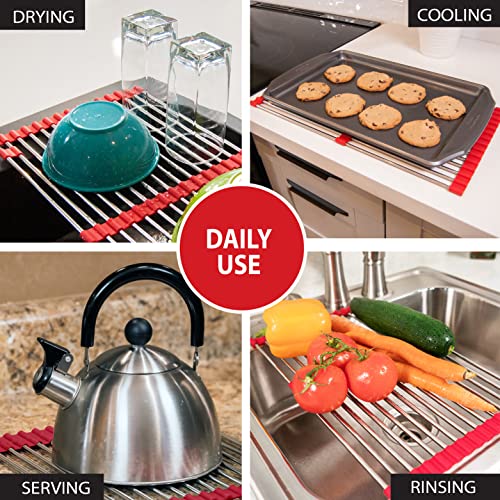 Total Rack, Expands 10" to 21", 10-Inch-Wide Multipurpose Over-Sink Dish-Drying Rack, Oven-Safe, Cooling, Crisping, Roasting, Trivet, and Serving, Nonslip Silicone and Stainless-Steel Rack, Red