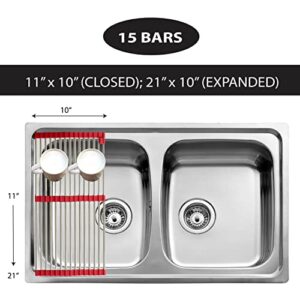 Total Rack, Expands 10" to 21", 10-Inch-Wide Multipurpose Over-Sink Dish-Drying Rack, Oven-Safe, Cooling, Crisping, Roasting, Trivet, and Serving, Nonslip Silicone and Stainless-Steel Rack, Red