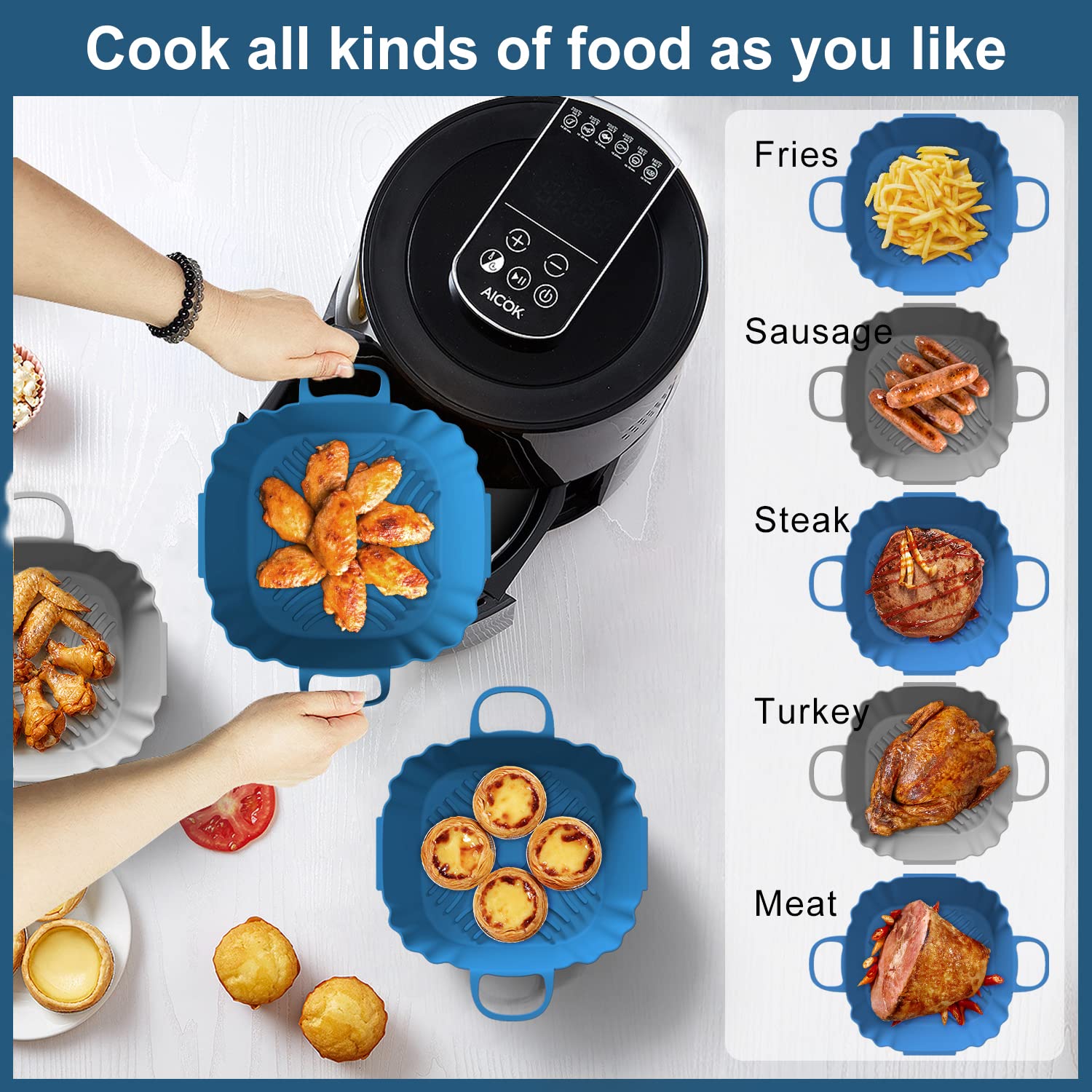 Permanent Warranty 8 Inch Silicone Air Fryer Liner 2 Pack Reusable 100% Food Grade Silicone Air Fryer Liner (Blue/Gray)