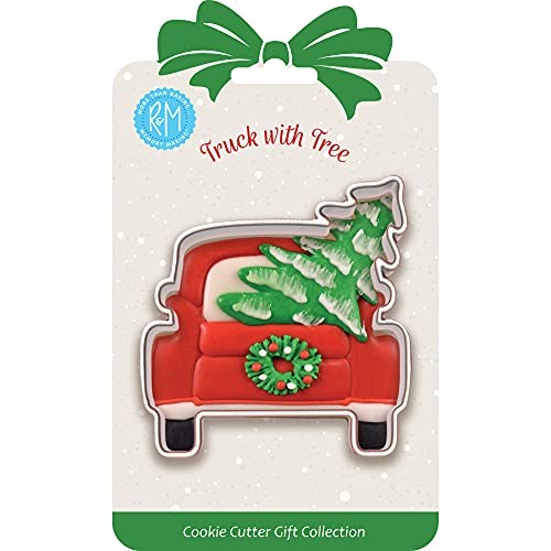 R & M International 8012 Truck with Christmas Tree Shaped Tinplated Steel Cookie Cutter, 3.25", Gift Tag Carded