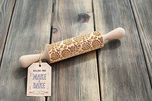 Roses Rolling Pin, flowers imprint utensil, floral ornamental pattern, embossing cookie stamp, engraved cookie roller