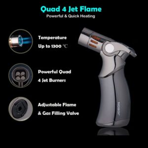 4 Jet Flame Torch Lighter, Windproof Refillable Butane Adjustable Flame Lighter for Kitchen Torch Cooking, Brulee Creme, Desserts, BBQ and Baking (Butane Gas Not Included)