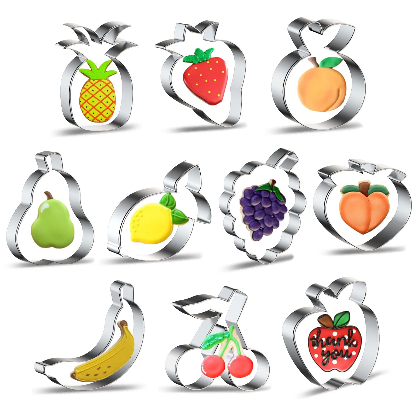 Fruit Cookie Cutter Set - 10 Piece - Apple Banana Orange Peach Pear Pineapple Strawberry Tangerine Lemon Grape Cherry Cookie Cutters Shapes Biscuit Fondant Molds for Treats DIY Cake Baking Supplies