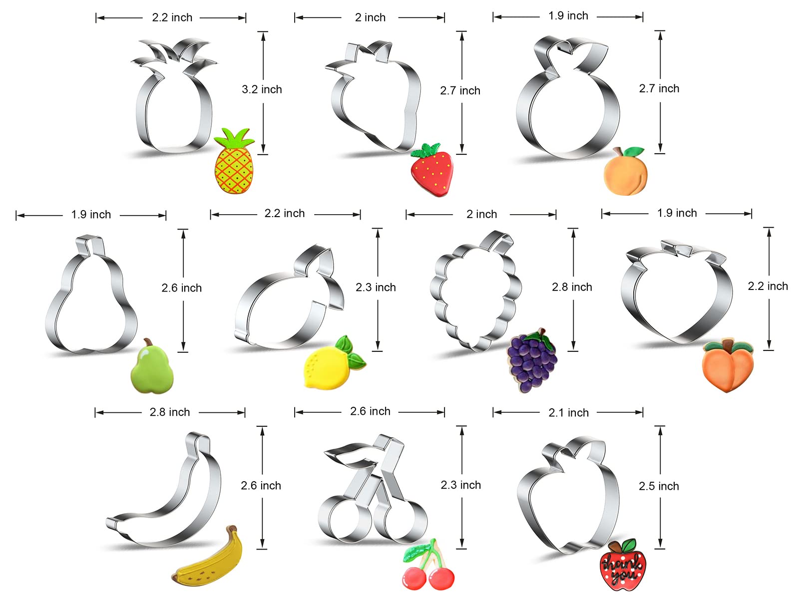 Fruit Cookie Cutter Set - 10 Piece - Apple Banana Orange Peach Pear Pineapple Strawberry Tangerine Lemon Grape Cherry Cookie Cutters Shapes Biscuit Fondant Molds for Treats DIY Cake Baking Supplies