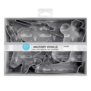 r&m international military vehicle cookie cutters, truck, jet, tank, aircraft carrier, 4-piece set