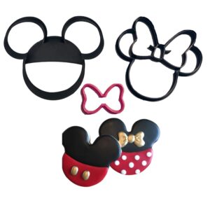 mouse cookie cutters. inspired by mickey head and minnie mouse face cartoon characters with red hair bow cookie cutters made in usa (3 pack)