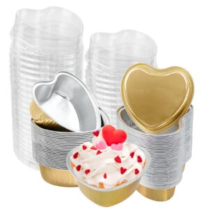 50pcs mini heart shaped cake pans with lids,100 ml 3.4 oz disposable cupcake cup mini aluminum foil baking cups ramekins muffin cupcake liners for valentine wedding birthday party,gold