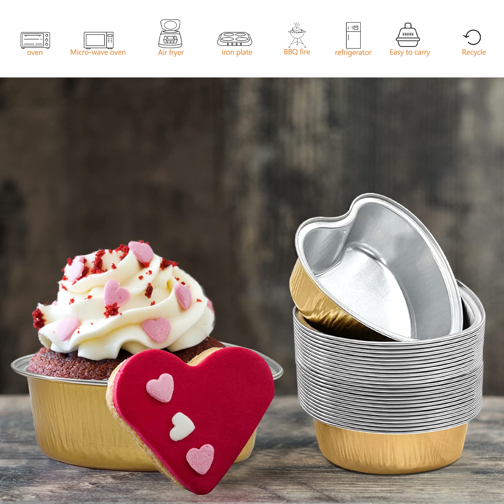 50Pcs Mini Heart Shaped Cake Pans with Lids,100 ml 3.4 oz Disposable Cupcake Cup Mini Aluminum Foil Baking Cups Ramekins Muffin Cupcake Liners for Valentine Wedding Birthday Party,Gold