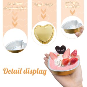 50Pcs Mini Heart Shaped Cake Pans with Lids,100 ml 3.4 oz Disposable Cupcake Cup Mini Aluminum Foil Baking Cups Ramekins Muffin Cupcake Liners for Valentine Wedding Birthday Party,Gold