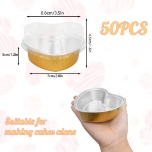 50Pcs Mini Heart Shaped Cake Pans with Lids,100 ml 3.4 oz Disposable Cupcake Cup Mini Aluminum Foil Baking Cups Ramekins Muffin Cupcake Liners for Valentine Wedding Birthday Party,Gold