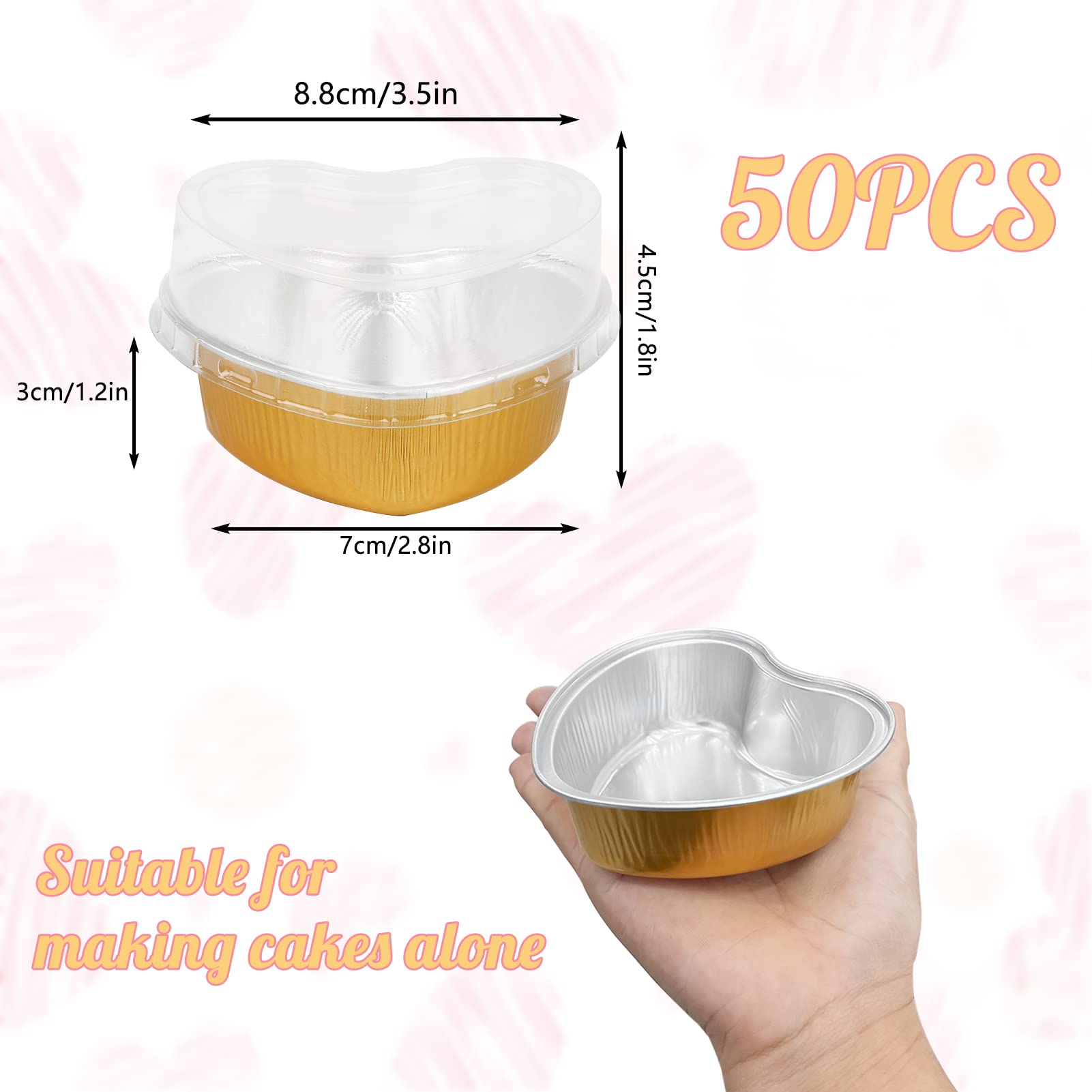 50Pcs Mini Heart Shaped Cake Pans with Lids,100 ml 3.4 oz Disposable Cupcake Cup Mini Aluminum Foil Baking Cups Ramekins Muffin Cupcake Liners for Valentine Wedding Birthday Party,Gold