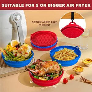 2-Pack Air Fryer Silicone Liners, 8.27in Foldable Silicone Air Fryer Pot for 5-8 Qt Reusable Silicone Air Fryer Baskets Oven Accessories 2 Pack（Blue+Red)