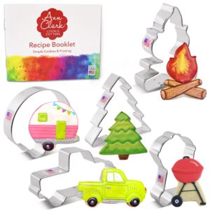 camping cookie cutters 5-pc. set made in the usa by ann clark, camper, campfire, vintage truck, grill, pine tree