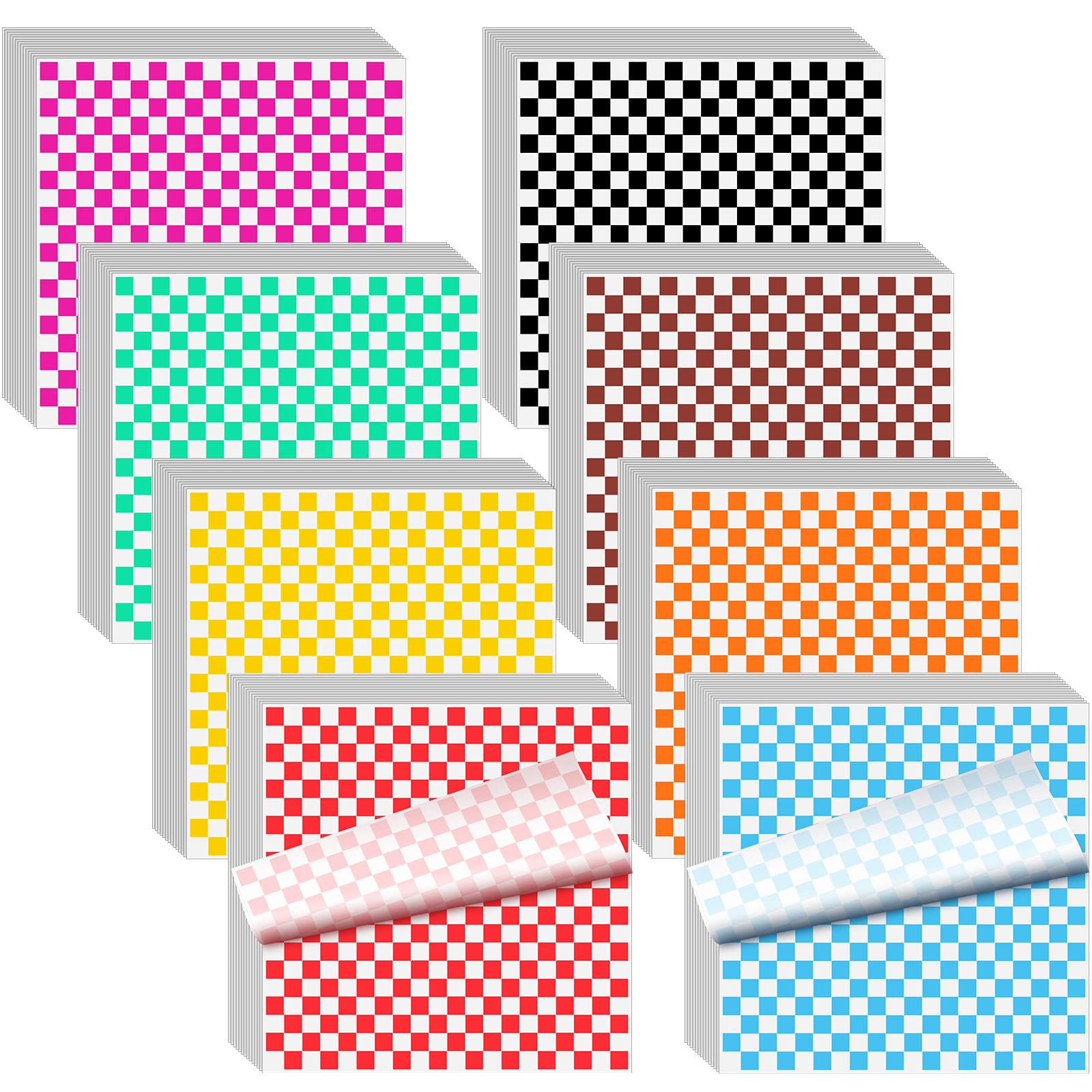 Fuutreo 800 Sheets Checkered Dry Waxed Deli Paper Sheets 12 X12 Inch Food Basket Liners Sandwich Wrapping Paper Hamburger Wrappers Wax Paper Deli Wrap for Kitchen Food Bread Hamburger, 8 Colors