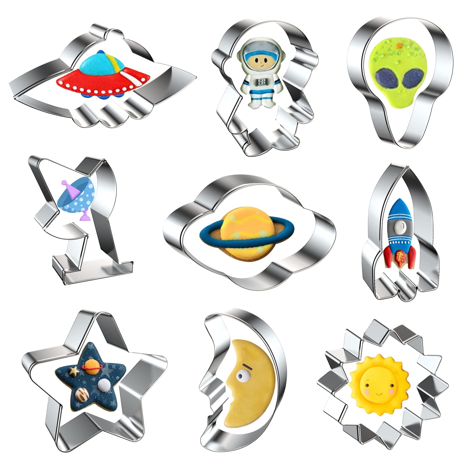 Wonmon 9 PCS Space Cookie Cutters Set, Metal Outer Space Cookie Cutters Rocket, Astronaut, Moon, Star, Sun, Planet, Airship, Radar, Alien Shape Cookie Cutters Molds for Space Theme Party Supplies