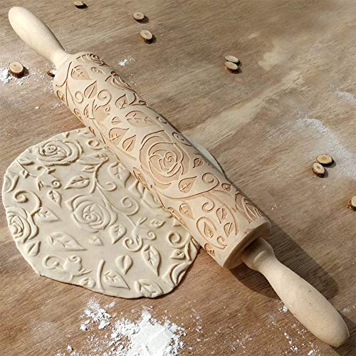 Wooden Rolling Pin, Rose Flower Embossed Engraved Carved Rolling Pin, Valentine's Day DIY Cookies Biscuit Fondant Cake Dough Roller Baking Tool (Wood color)