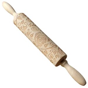 Wooden Rolling Pin, Rose Flower Embossed Engraved Carved Rolling Pin, Valentine's Day DIY Cookies Biscuit Fondant Cake Dough Roller Baking Tool (Wood color)