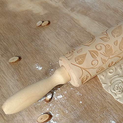 Wooden Rolling Pin, Rose Flower Embossed Engraved Carved Rolling Pin, Valentine's Day DIY Cookies Biscuit Fondant Cake Dough Roller Baking Tool (Wood color)