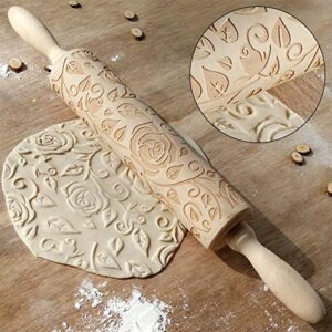 Wooden Rolling Pin, Rose Flower Embossed Engraved Carved Rolling Pin, Valentine's Day DIY Cookies Biscuit Fondant Cake Dough Roller Baking Tool (Wood color)