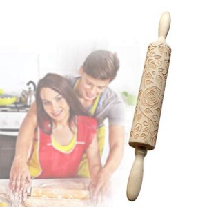 Wooden Rolling Pin, Rose Flower Embossed Engraved Carved Rolling Pin, Valentine's Day DIY Cookies Biscuit Fondant Cake Dough Roller Baking Tool (Wood color)