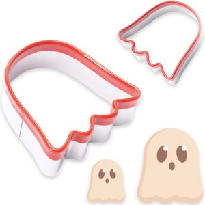 cookieque 2-piece halloween ghost cookie cutter, food-grade stainless steel sandwich cutters, biscuit cutter set, holiday cookie cutters, unique design with protective red top pvc