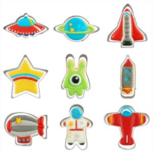 mini space alien series cookie cutter set of 9 pcs, stainless steel universe ufo alien fondant cutters set pastry biscuit baking clay diy molds for kids